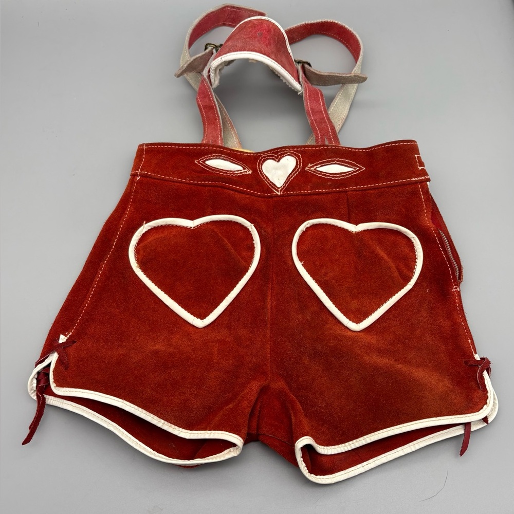 Vtg Red Suede Leather Lederhosen Oktoberfest German Shorts Youth Heart 20” Waist